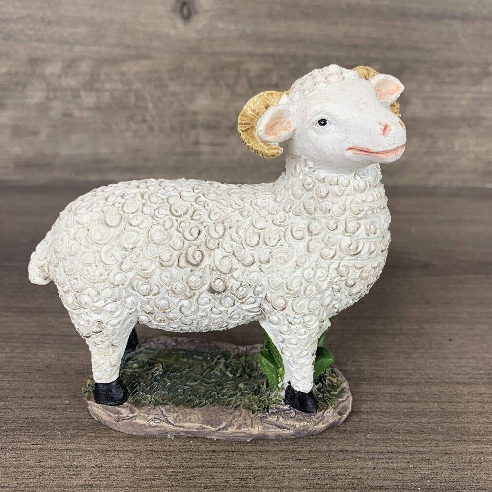 Dorset Sheep Mini Figurine Farm Animal Decor 4" Ceramic Male Horned Ram White